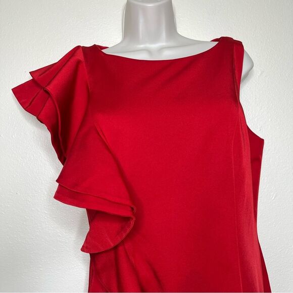 Mac Duggal Asymmetrical Ruffle Sleeve Red Cocktail Dress Women Size Medium READ - Picture 3 of 13